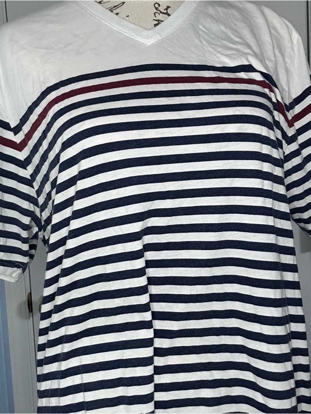 Striped Large American Rag V-Neck Men's Shirt in White, Navy & Burgundy
